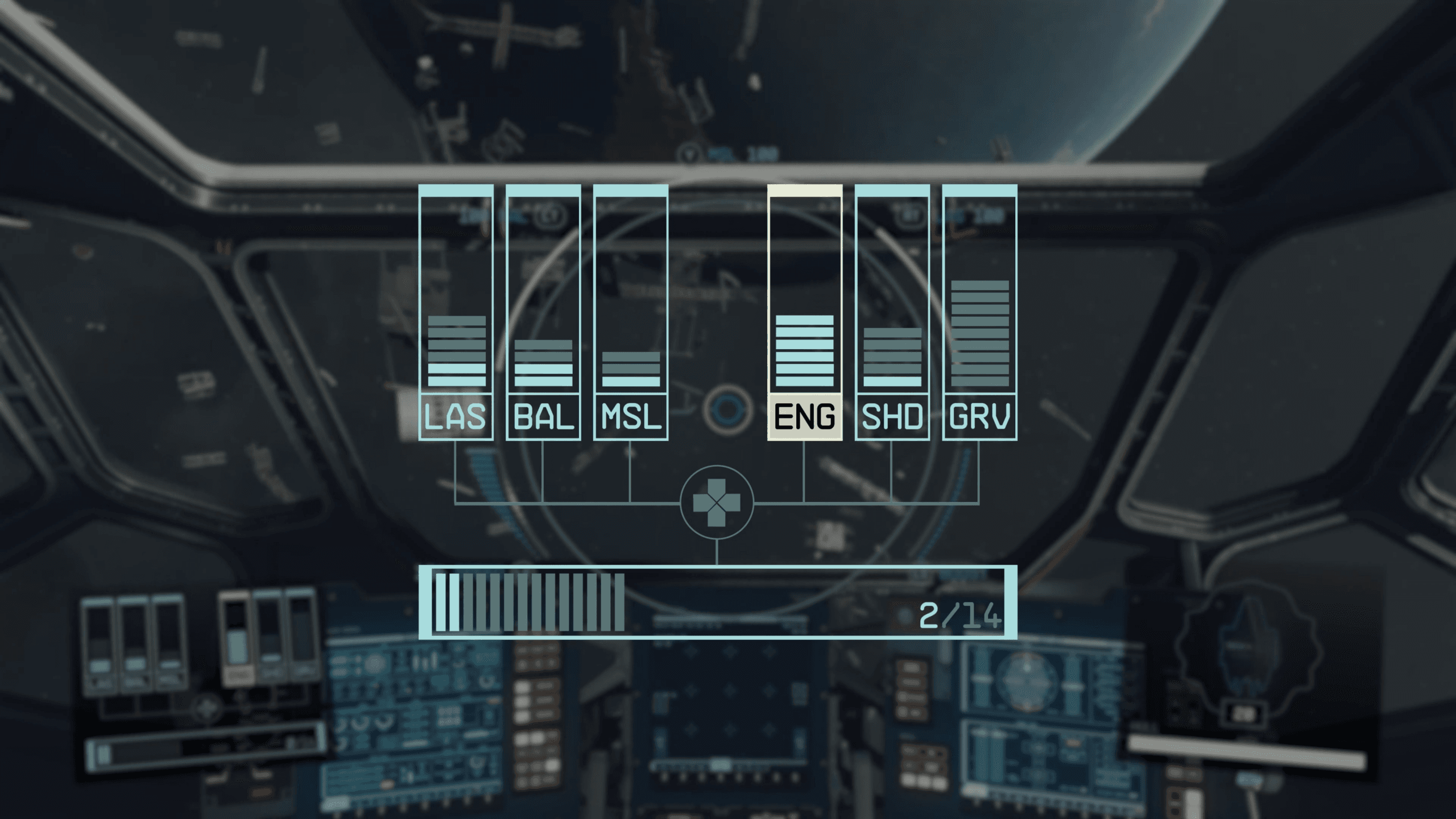 Ship HUD engines, weapons, shield, and grav