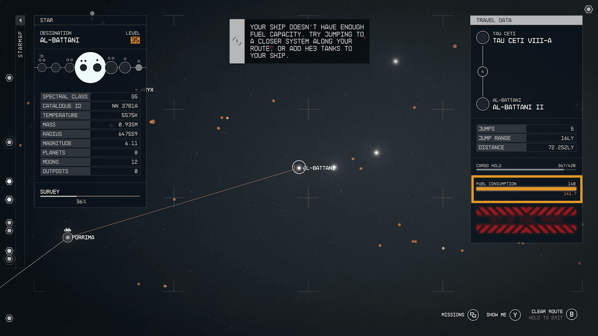 Star Map not enough fuel